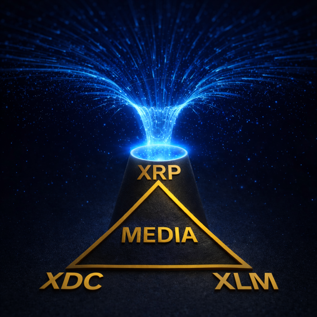 Blue black hole portal representing Token Kong, entering a gold triangle token economy surrounded by gold XRP, XDC, and XLM symbols.